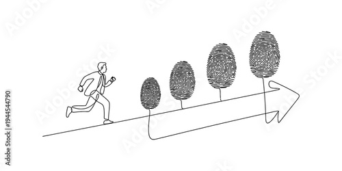 A continuous line drawing of a businessman running along an upward path marked by growing fingerprints, symbolizing personal growth and unique progress. Vector, illustration