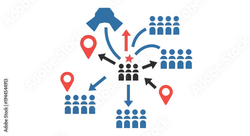 Network diagram illustrating connection points people and data flow with location markers
