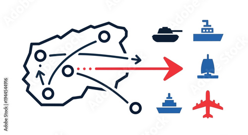 Military logistics and transport diagram showing routes and various vehicles