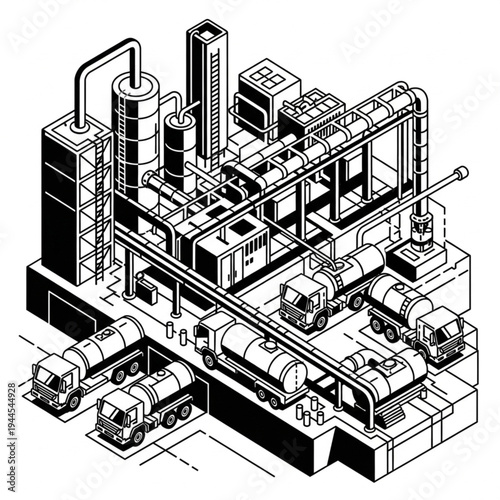 Isometric illustration of an industrial complex with tanker trucks loading and unloading materials.
