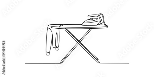 Continuous line drawing of an ironing board with an iron and clothing for laundry care Vector, illustration
