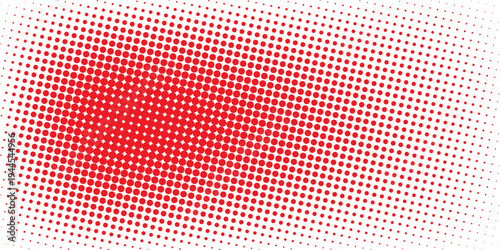 Red color halftone gradient texture. Vanishing cartoon polka dot background. Repeating dotted gradation pattern. Fading comic pop art overlay backdrop. Raster halftone effect wallpaper. Vector