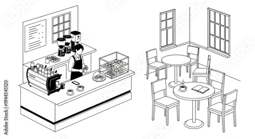 Isometric illustration of a cozy cafe interior with a barista and seating