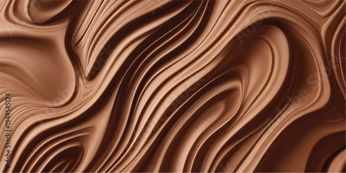 A seamless dark chocolate background features a smooth liquid swirl of delicious melted cocoa, creating a flowing brown silk texture with a sweet cream wave design