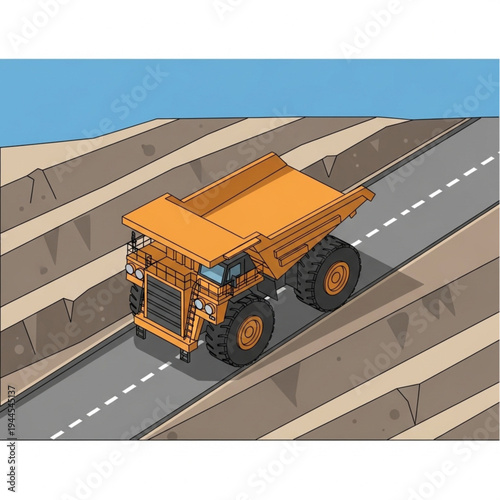 A large, orange mining dump truck driving on a road through a quarry with dirt mounds.