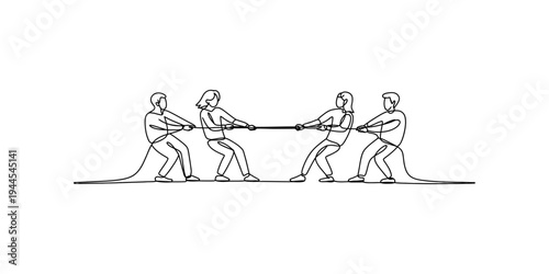 A continuous line art illustration showing two teams of people competing in a game of tug-of-war, symbolizing collaboration and rivalry. Vector, illustration