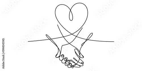 Continuous line drawing of two hands holding, forming a heart shape above them Vector, illustration