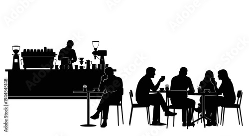 Silhouetted cafe scene with barista counter and customers enjoying drinks