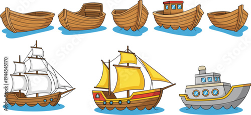 Cartoon wooden boats and ships set vector illustration including sailboat fishing boat and ship isolated nautical transport collection
