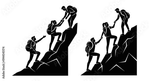 Teamwork and support people helping each other climb a rocky mountain