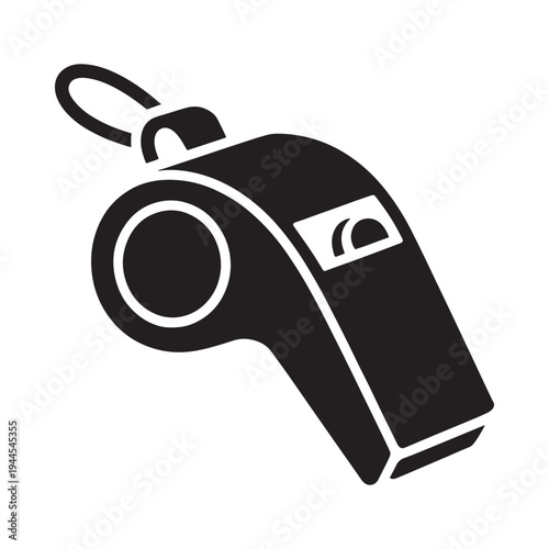 A simple black silhouette illustration of a sports whistle with lanyard