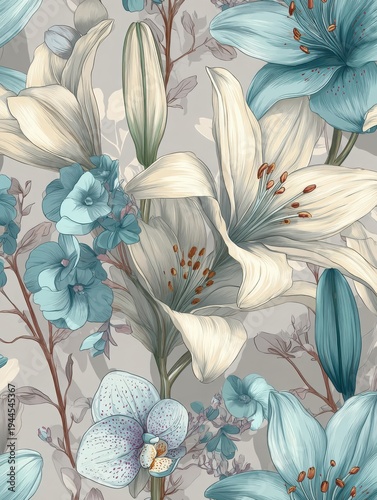 Vibrant, elegant, chic, vintage seamless repeatable pattern featuring hand-drawn illustration of lily and orchid flowers in delicate pale blue and grey colors