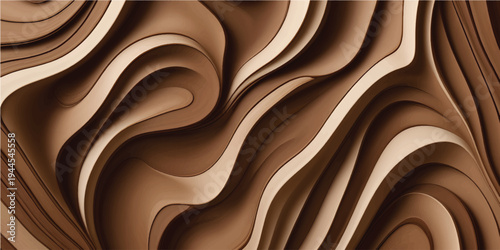 Abstract brown wavy silk and chocolate satin fabric pattern with shiny liquid gold curves on a wooden texture background