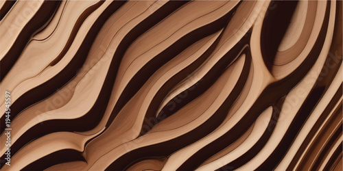 Brown wood texture background with seamless zebra and tiger inspired fabric pattern in chocolate brown geometric waves