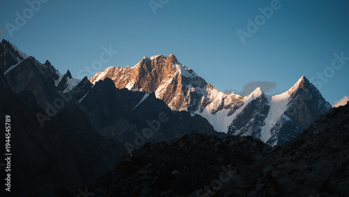 Trango towers k2 region illuminating karakoram mountain landscape. Paiju koburtse