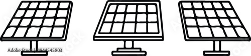 Three solar panels with rectangular photovoltaic cells arranged in rows on a white background