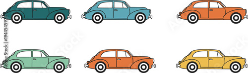 Set of six colorful cartoon cars in different shades including green, blue, orange, red, and yellow, isolated vector illustration for design and education