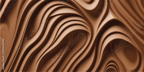 A dark cocoa wood texture background features a soft chocolate swirl pattern with a liquid gold flow and silk satin waves for a sweet dessert wallpaper design
