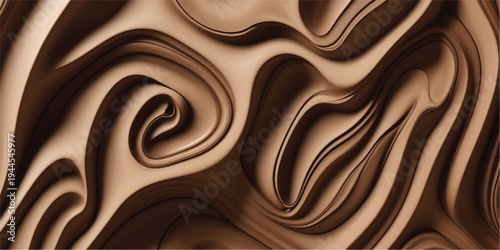 A delicious dark cocoa background featuring a liquid milk chocolate wave and a sweet cream swirl flowing in a smooth silk texture pattern