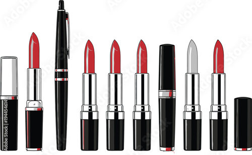 Collection of lipsticks and makeup products in various shades