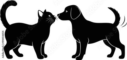 black silhouette of a cat and dog touching noses face to face