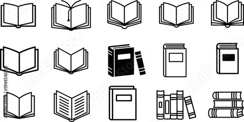 Collection of various book icons in different styles and formats