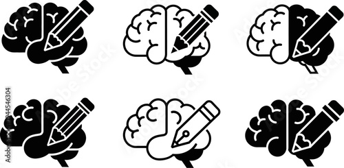 Brain with pencil icons in various styles and colors for creative and educational concepts