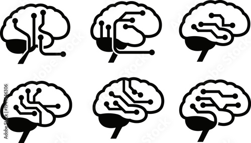 Six different circuit board brain icons with various electronic connections and wires