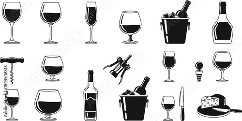Black and white wine glasses bottles ice bucket corkscrew knife and cheese plate icons
