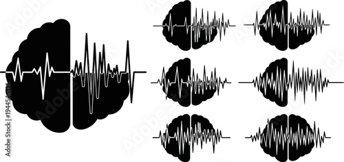 Brain wave patterns and heart rate monitor lines in various shapes and sizes on white background