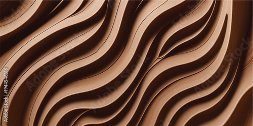 A wavy brown wood texture background features a chocolate liquid pattern with gold silk waves and satin material design for an artistic wallpaper illustration