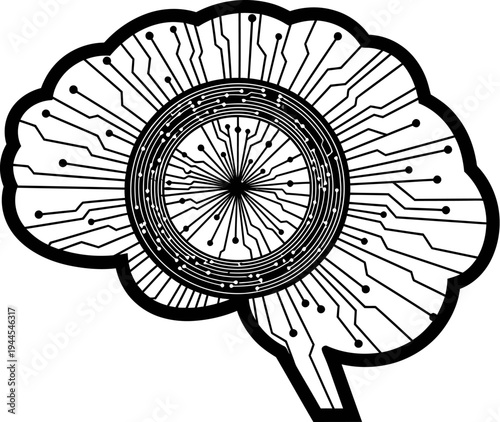 Black and white illustration of a brain with a circuit board design in the center one