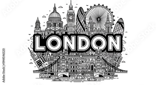 London city skyline with famous landmarks and large text  travel poster