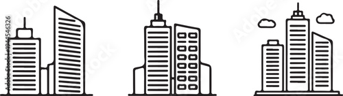 A black and white line drawing of three skyscrapers with varying architectural styles and two clouds in the sky