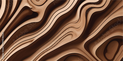 Seamless brown wood texture background featuring a wavy geometric pattern and golden line art design for an elegant wallpaper backdrop