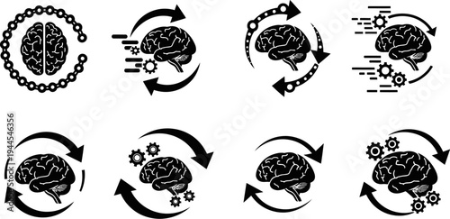 brain icons with arrows and gears on white background
