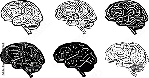 Circuit board brain illustrations in various styles and colors  human mind concept