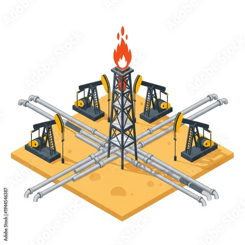 Isometric illustration of an oil extraction site with multiple pumpjacks and a flare stack burning gas.