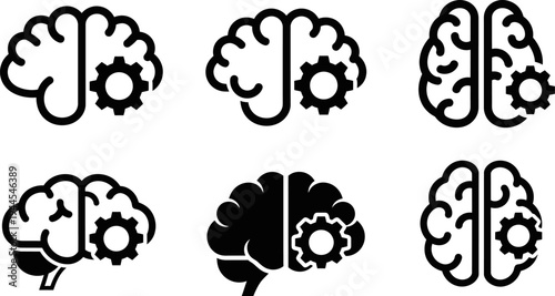 Black silhouette brain icons with gear mechanism on white background