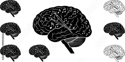 collection of black and white brain illustrations with music notes on one brain