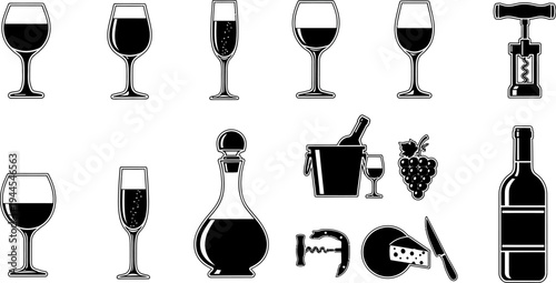 wine glasses bottle corkscrew cheese plate grapes decanter winebucket