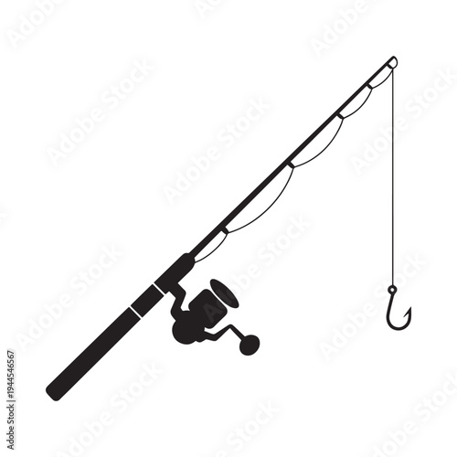 Simple black silhouette of a fishing rod with line and hook
