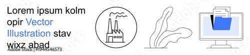 Industry, technology, environment, manufacturing, digital organization, data management. Icons showing a factory, a leaf and a computer with a file folder. Industry and technology concepts