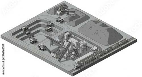 Isometric illustration of an industrial mining and processing facility with trucks, conveyor belts, and trains.