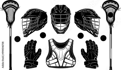 Lacrosse equipment set including helmets gloves sticks and protective gear for players