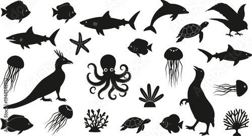 black silhouettes of various sea animals and plants on white background