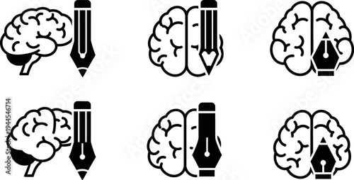 brain with pencil and fountain pen illustrations