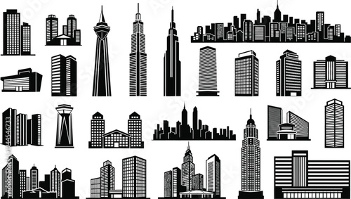 collection of city skylines and building silhouettes in various architectural styles and shapes