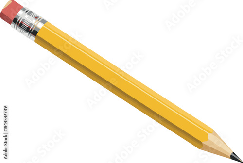 Yellow wooden pencil with sharpened graphite tip, pink eraser and silver ferrule, vector illustration for school, office, writing, drawing, education, and stationery design projects