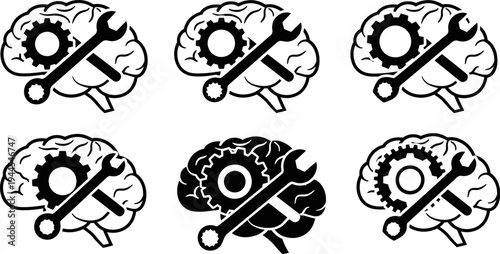 brain with gear and wrench icons for science and technology concepts